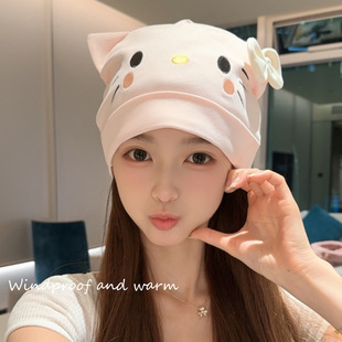 月子发带产后坐月子帽子春秋薄款 新款 棉防风护头甜美小猫咪头巾AX