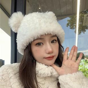 秋冬季可爱小熊毛绒护耳针织帽子女韩版保暖双毛球毛线产妇帽NY