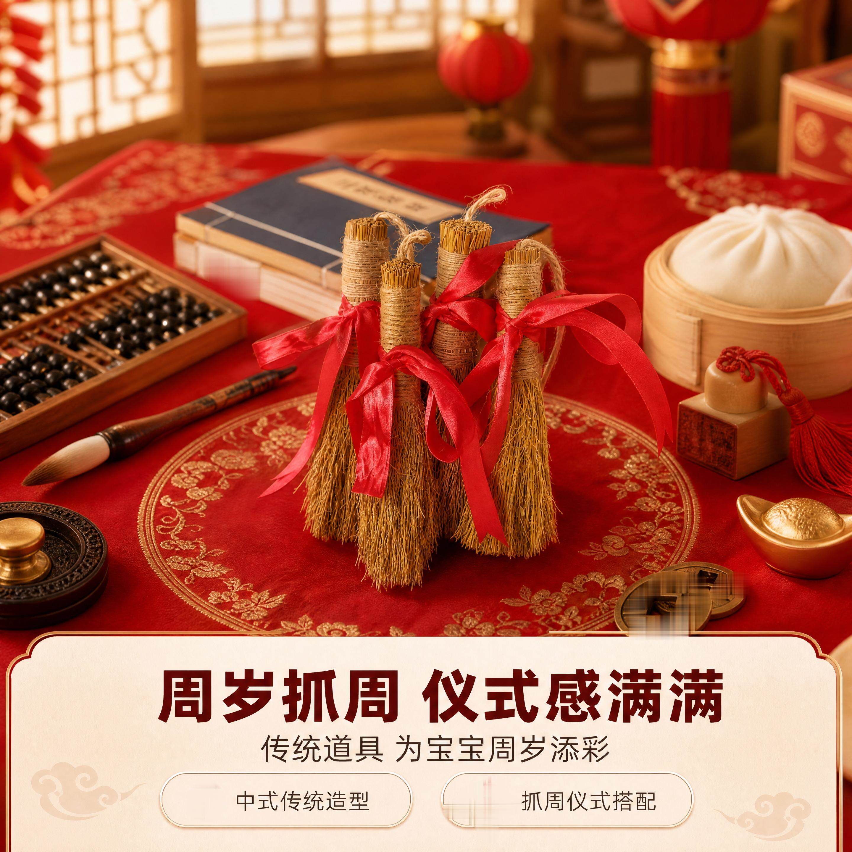 稻草小毛刷捆红绳传统清洁摆件