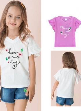童装女童夏款针织纯棉柔软透气百搭舒适立体花短袖薄款T恤181016
