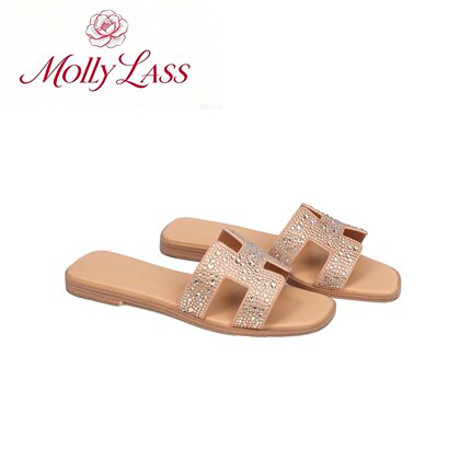 【MOLLY LASS】满天星真皮水钻一字H拖女露趾凉拖软底沙滩鞋平底