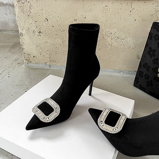 2025秋冬新款方扣水钻瘦瘦靴细跟时尚弹力短靴高跟加绒单靴女通勤