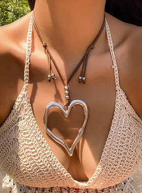 Women's Heart Pendant Long Necklace Wax Cord 女士爱心项链