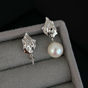 DIY珍珠耳环配件S925纯银耳饰空托不规则K工艺耳钉半成品手工材料