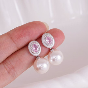 DIY珍珠耳环配件S925纯银耳饰空托气质粉圆钻 耳钉半成品手工材料
