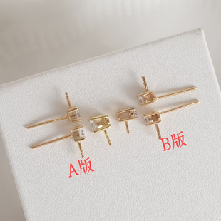 DIY配件S925纯银珍珠耳环小吊坠空托王妃方钻百搭 银饰品 两件套装