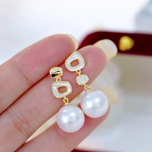 DIY珍珠耳环配件S925纯银耳饰空托贝壳镶嵌款耳钉手工半成品AB款