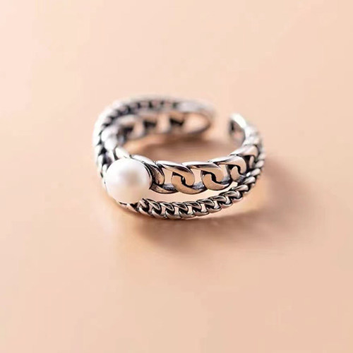 DIY珍珠配件S925银复古链条戒指