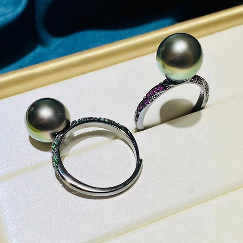 DIY珍珠配件S925银枪黑色戒指托