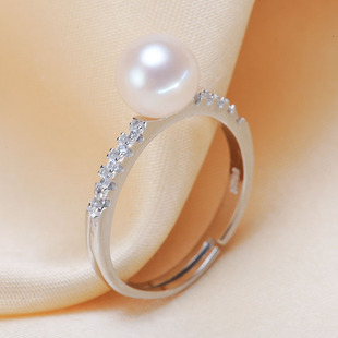 DIY配件 S925半银经典款开口戒指空托简约带钻可调节天然珍珠戒托