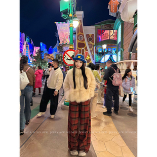 韩女红格子裤 卫裤 秋冬女装 加绒加厚红格纹休闲裤 新款 小侨jofay