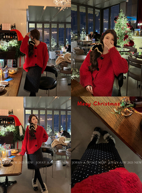 小侨jofay 岁岁发财红毛衣 冬季女装新款红色粗针毛衣上衣外套