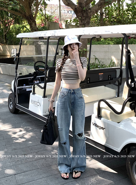 小侨Jofay 美式街头破洞牛仔裤女2025新款蓝色阔腿裤宽松高腰裤子