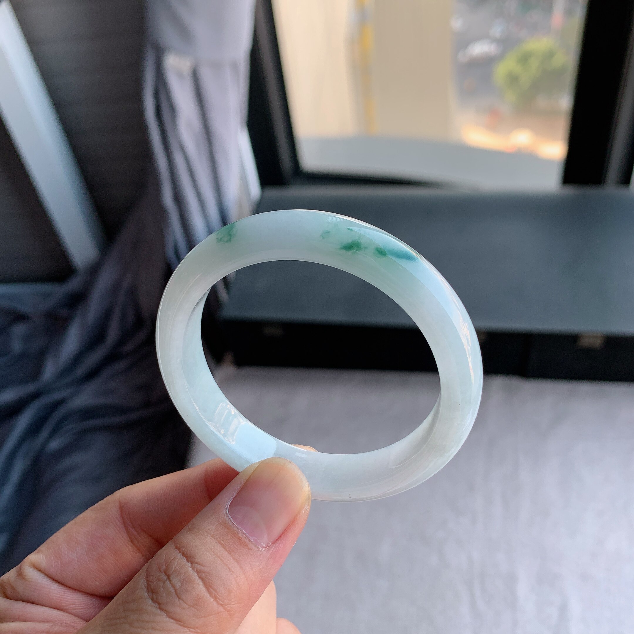 缅甸天然A货翡翠 54圈口冰糯种飘蓝花正圈802805手镯玉镯T7