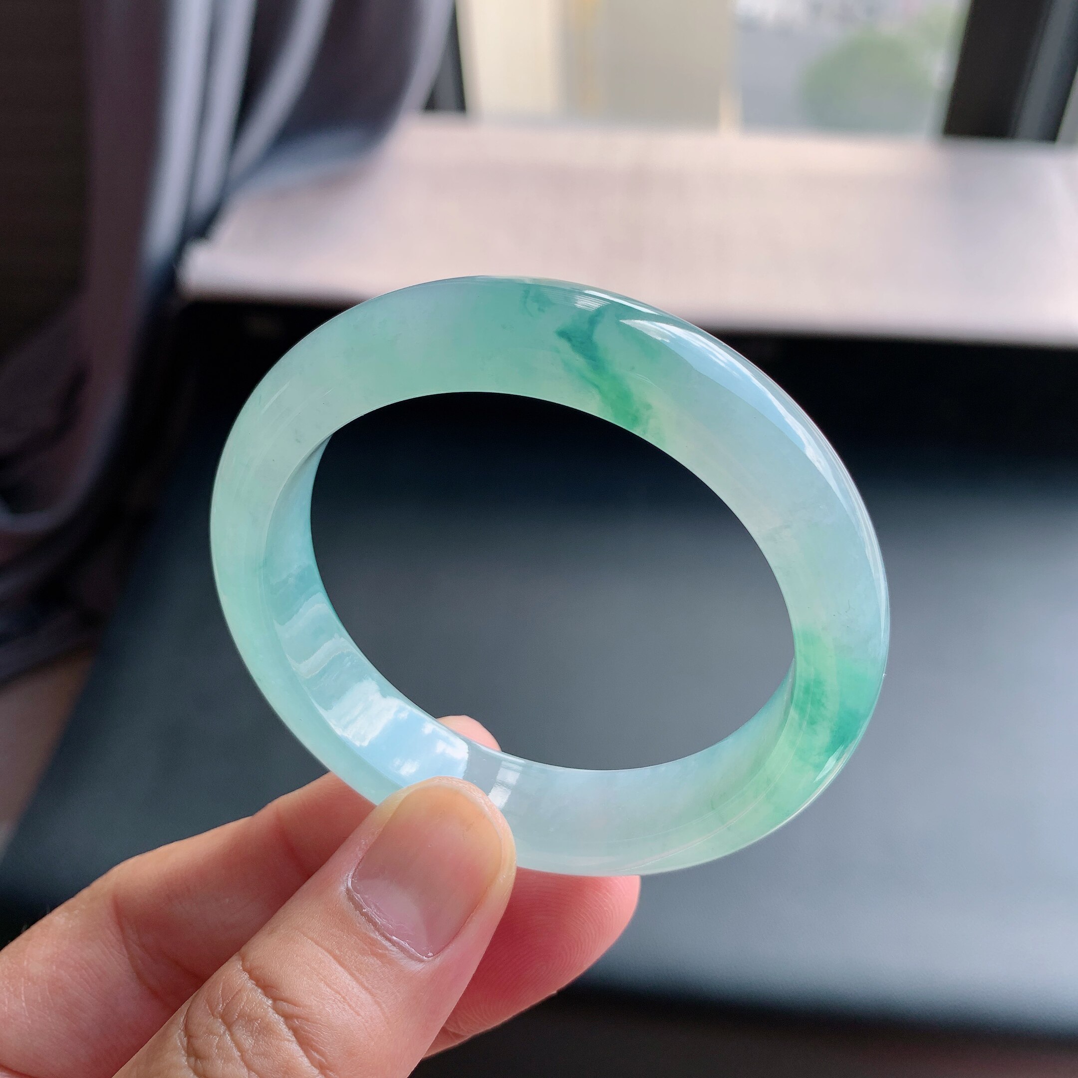 缅甸天然A货翡翠 53圈口天空蓝飘蓝花正圈手镯000453玉镯S9