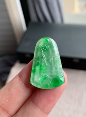 缅甸天然A货翡翠 冰种飘阳绿山水牌镶件L19