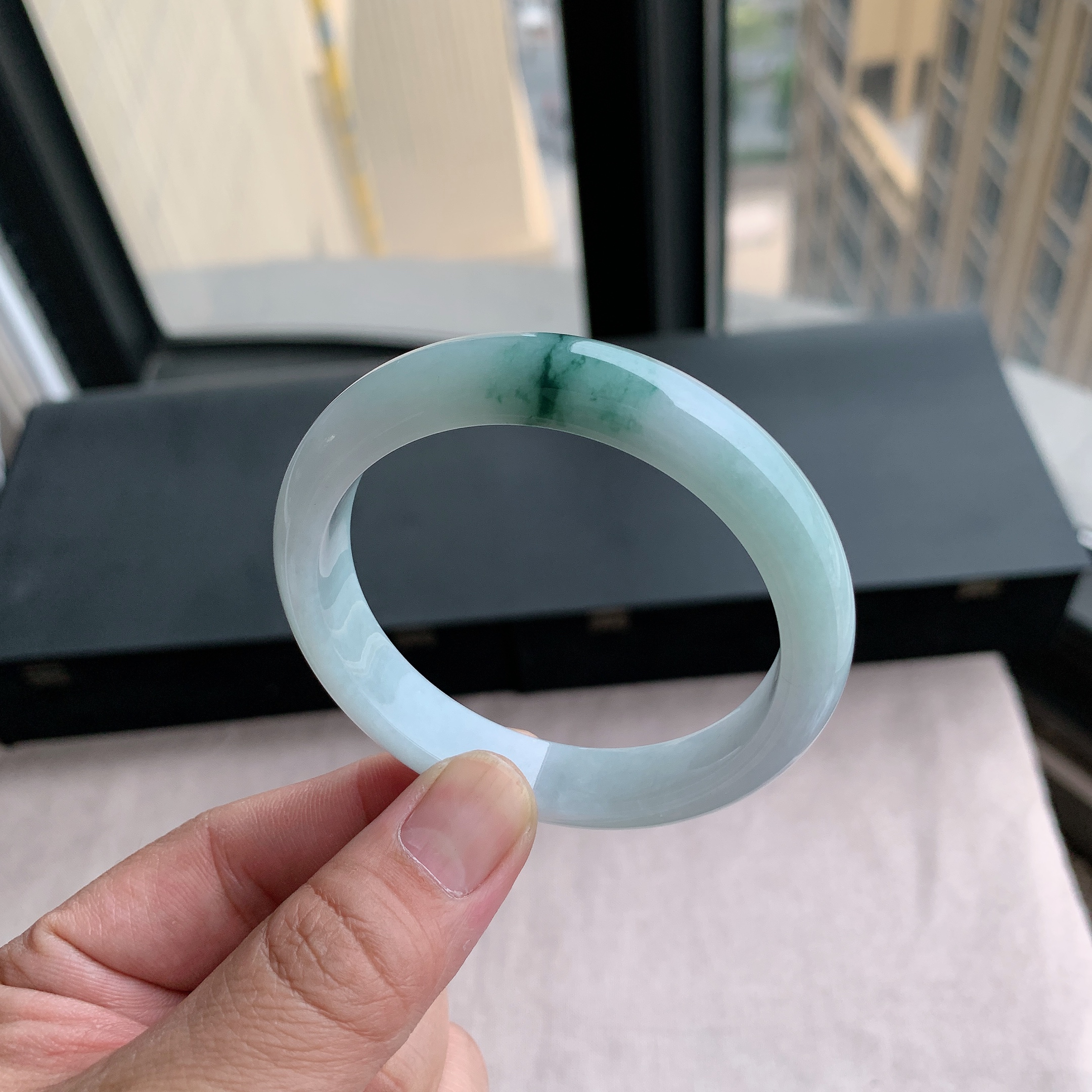 缅甸天然A货翡翠 57圈口飘蓝花正圈901506手镯玉镯L15