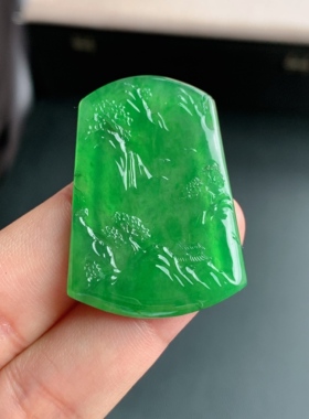 缅甸天然A货翡翠 冰种满绿阳绿山水牌镶件L29