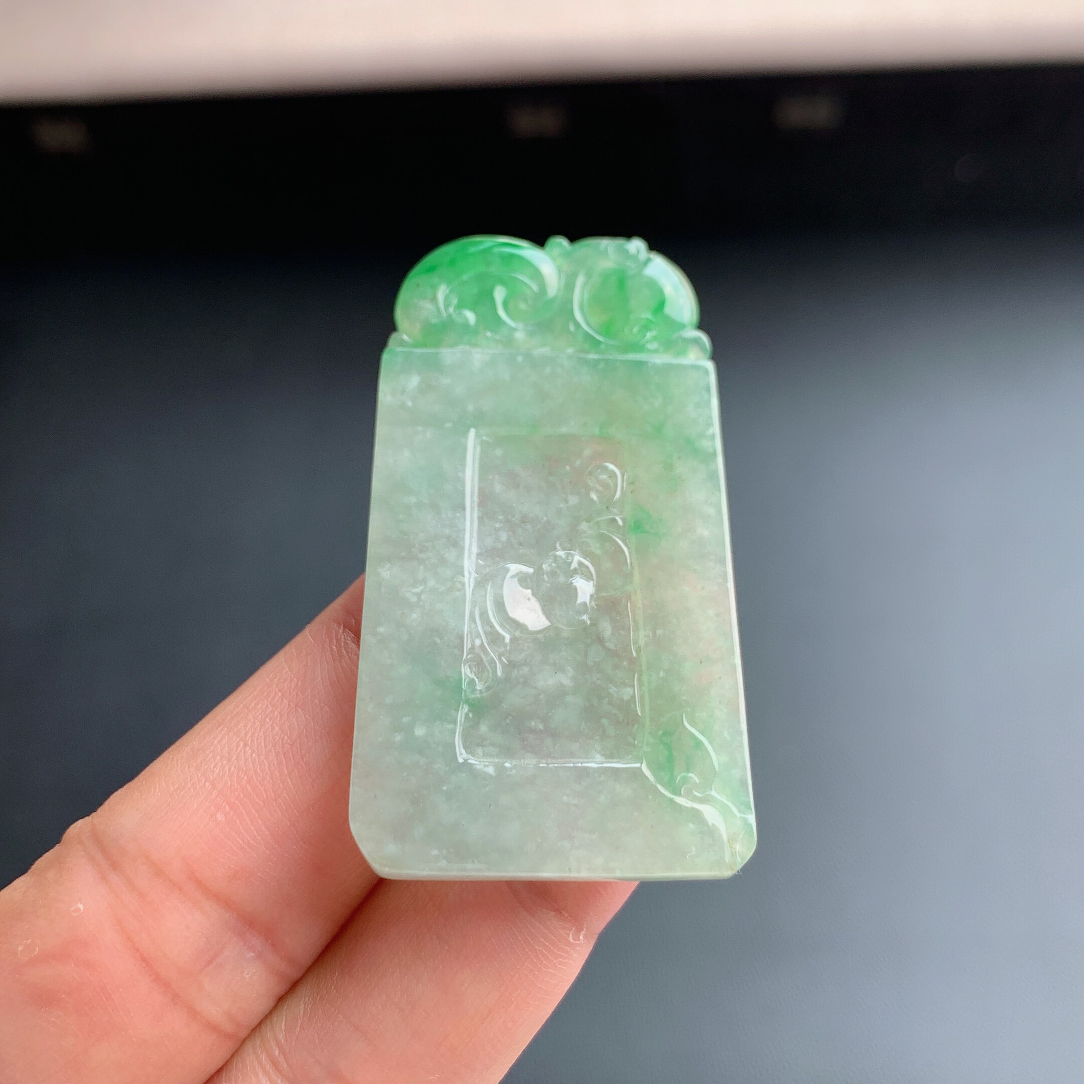 缅甸天然A货翡翠 飘阳绿雪花棉福至心灵挂件吊坠L29