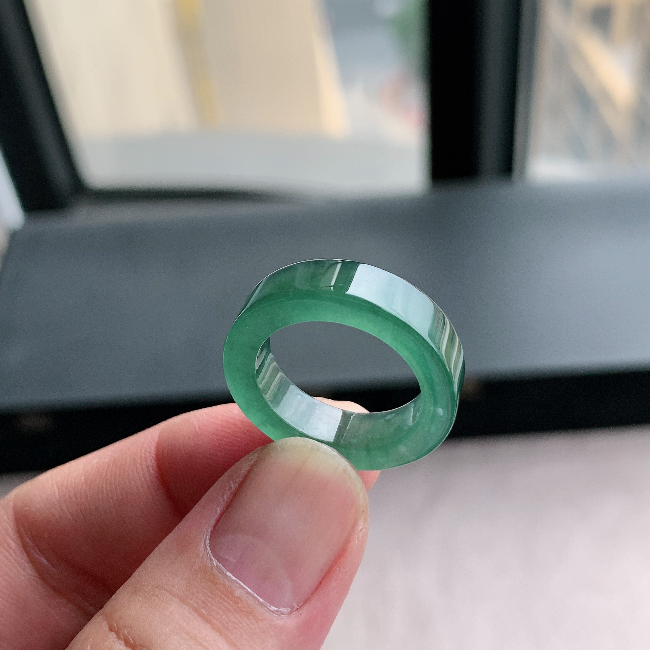 天然A货翡翠冰种17号晴水绿方戒