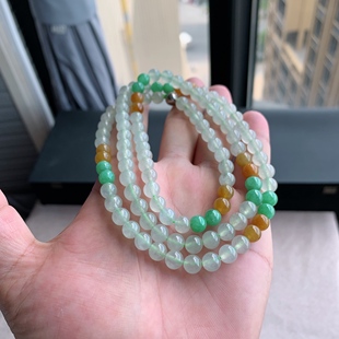 缅甸天然A货翡翠 冰三彩糖果色圆珠项链毛衣链L13