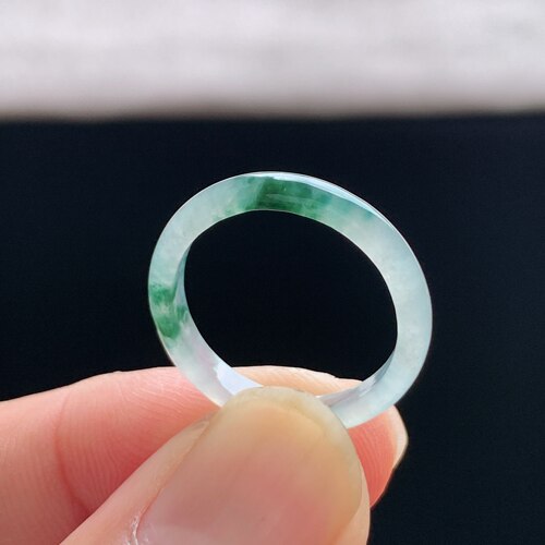 缅甸A货冰糯飘蓝花翡翠素圈戒指