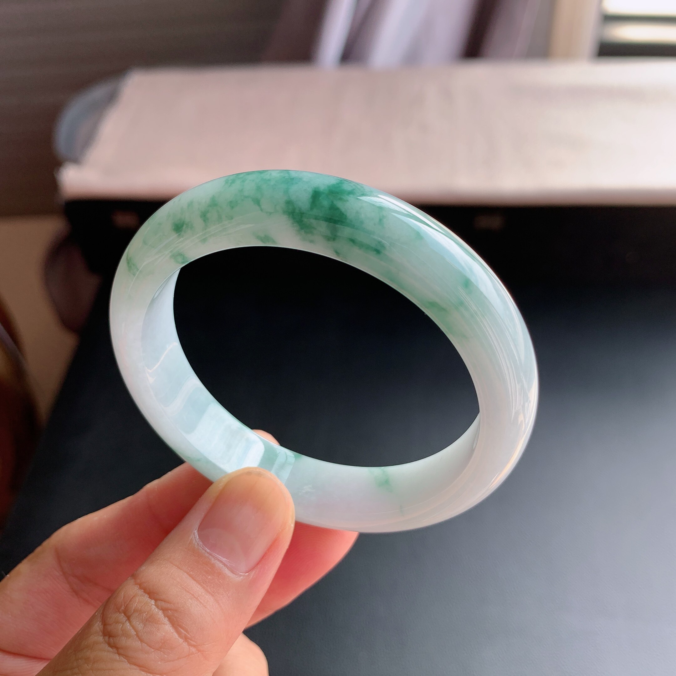 缅甸天然A货翡翠 57圈口飘蓝花正圈603305手镯玉镯S6