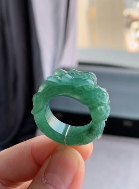 天然A货翡翠 冰种22号湖水蓝雕龙戒指指环戒圈L1006