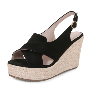 2026新款夏季交叉带露趾坡跟凉鞋女厚底防水台鱼嘴草编黑色松糕鞋