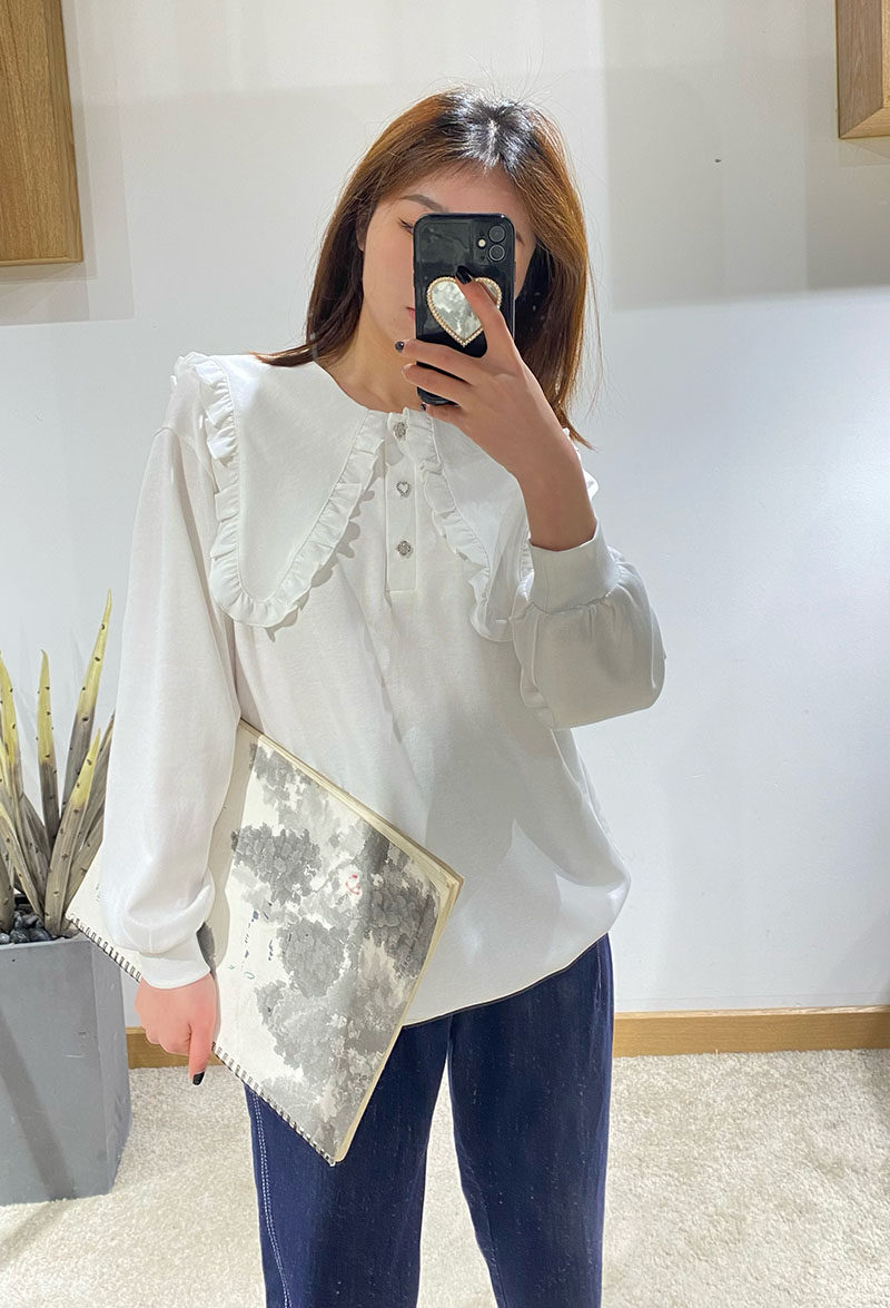 출산 솔리드 컬러 운동복 여성 봄 새로운 아름다움 엄마 느슨한 흰색 녹색 연령 감소 인형 칼라 탑