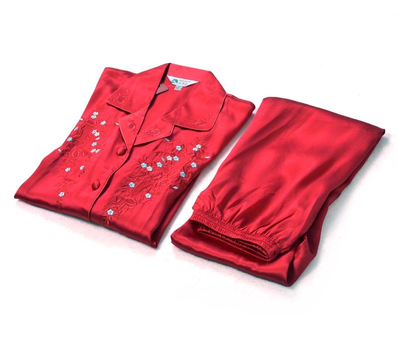 高端绣花真丝睡衣睡裤长袖女士100%桑蚕丝家居服两件套简约奢华