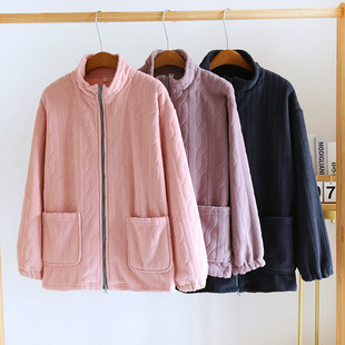 秋冬法兰绒睡衣女情侣装加绒加厚雪粒绒时尚拉链开衫男士家居上衣