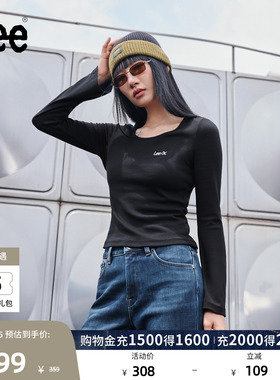 Lee修身版圆领刺绣Logo设计黑色女罗纹长袖T恤休闲潮LWT010876207