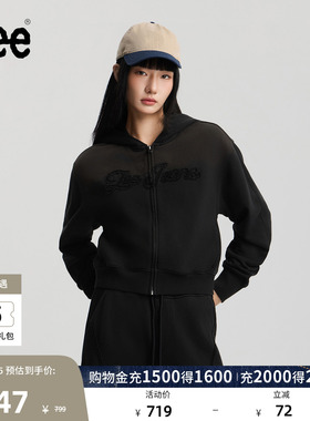 Lee商场同款26春夏新品舒适版拼布Logo黑色女短款连帽开衫卫衣潮