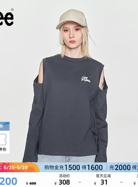 Lee舒适版圆领露肩印花Logo插肩袖灰色女长袖T恤潮流LWT0082344LE