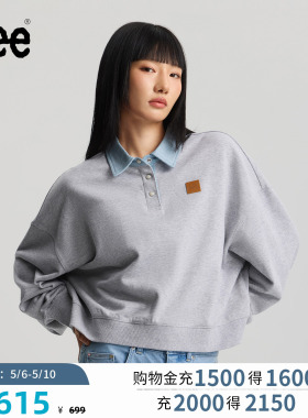 Lee商场同款26宽松版牛仔面料拼接复古polo衬衫领花灰色女卫衣潮