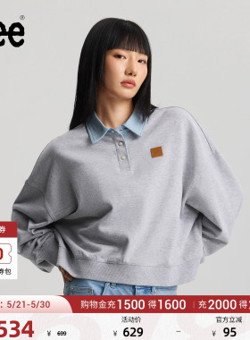Lee商场同款26宽松版牛仔面料拼接复古polo衬衫领花灰色女卫衣潮