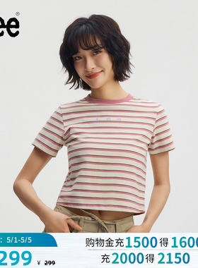 Lee商场同款26春夏新品标准版圆领Logo印花条纹女短款短袖T恤潮流