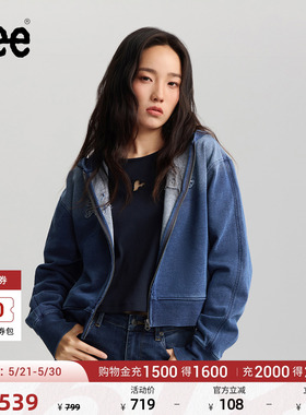 Lee商场同款26夏新舒适版拼布Logo装饰靛蓝色女短款连帽开衫卫衣