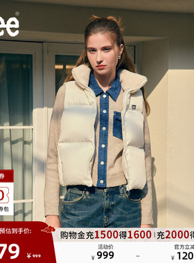 Lee暖fufu商场款25冬新舒适版人造毛立领乳白色女短款羽绒服背心