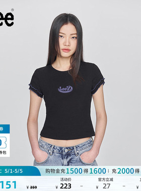 Lee修身版圆领刺绣Logo设计黑色女短袖T恤显瘦休闲潮LWT009880207