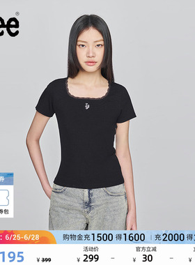 Lee商场同款标准版蕾丝方领黑色女短袖T恤休闲LWT009256206