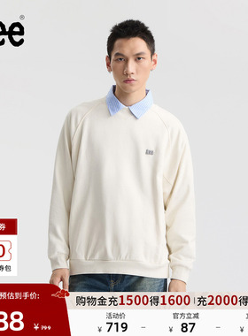 Lee商场同款25秋冬新舒适版圆领拼接设计插肩袖乳白色男长袖卫衣