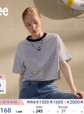 Lee商场同款舒适男友风条纹撞色刺绣圆领黑色女短款短袖T恤休闲潮