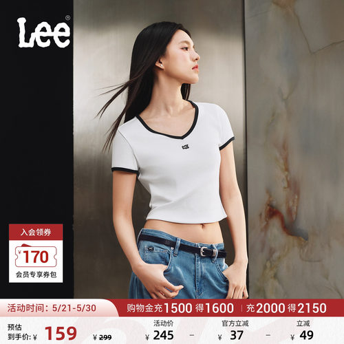 Lee26春夏新品修身版罗纹撞色V领小Logo徽标女短袖T恤休闲显瘦潮