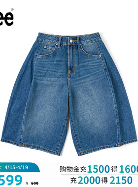 Lee商场同款26春夏新品五袋款设计宽松A字版型牛仔短裤中蓝色女潮
