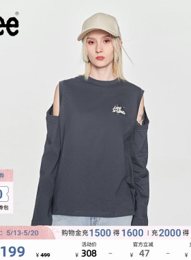 Lee舒适版圆领露肩印花Logo插肩袖灰色女长袖T恤潮流LWT0082344LE