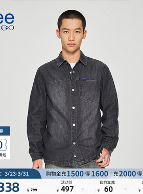 Lee商场同款舒适版翻领黑灰色男长袖牛仔衬衫休闲潮LMT010233100