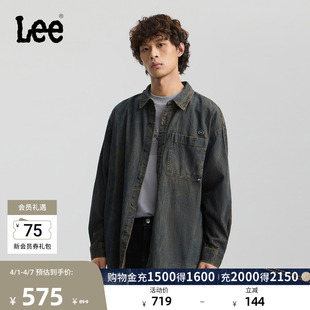Lee商场同款 翻领复古深蓝色男长袖 牛仔衬衫 潮LMT0113015FQ 宽松版
