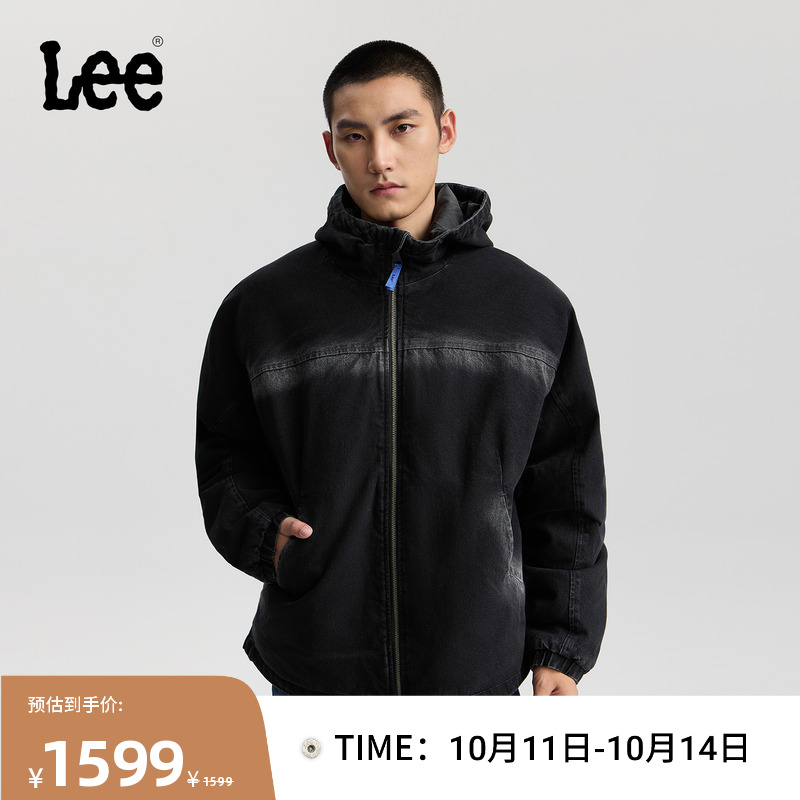 Lee商场同款25秋冬新品舒适版连帽连肩袖设计黑灰色男牛仔羽绒服